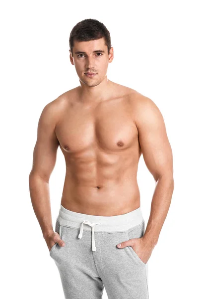 Man Med Sexig Kropp Vit Bakgrund — Stockfoto