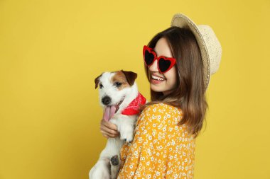 Sarı arka planda sevimli Jack Russell Terrier 'ı olan genç bir kadın. Sevimli hayvan