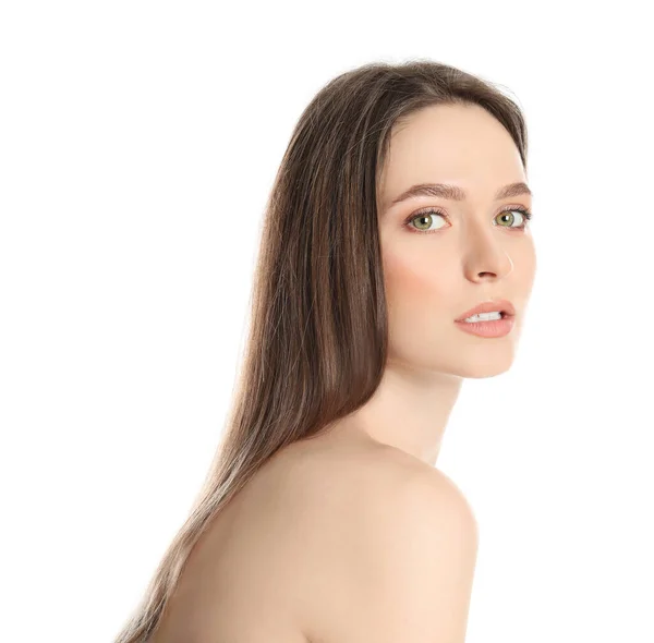 Portret Van Jonge Vrouw Met Mooi Gezicht Witte Achtergrond — Stockfoto