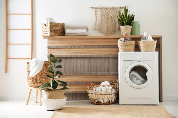Moderní Pračka Rostliny Interiéru Prádelny — Stock fotografie