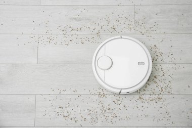 Evdeki robotik elektrik süpürgesiyle ahşap zeminden Groats 'u kaldırmak, üst manzara. Metin için boşluk