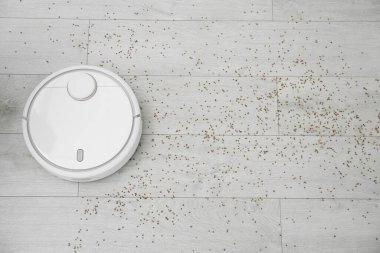 Evdeki robotik elektrik süpürgesiyle ahşap zeminden Groats 'u kaldırmak, üst manzara. Metin için boşluk