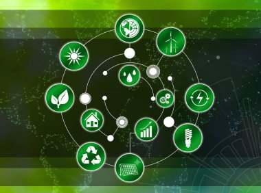 Enerji verimliliği kavramı. Renk arkaplanındaki farklı simgeler