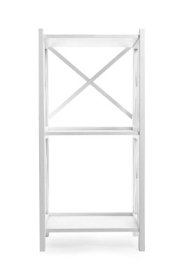 Boş ahşap raf ünitesi beyaz üzerine izole