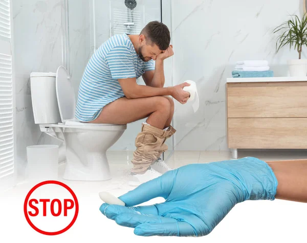 Dokter Met Zetpil Voor Aambeien Behandeling Man Zittend Toilet Kom — Stockfoto