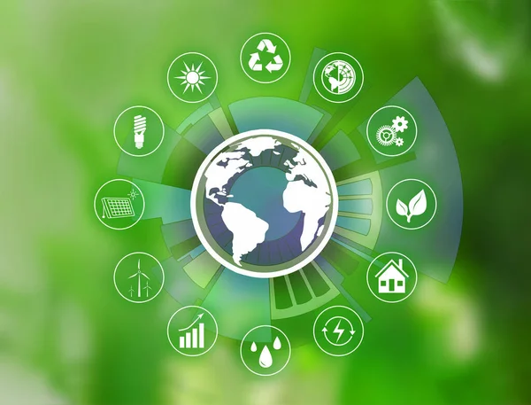エネルギー効率の概念 緑の背景に異なるアイコン — ストック写真
