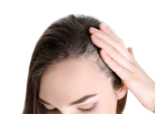 Junge Frau Mit Grauen Haaren Auf Weißem Hintergrund Nahaufnahme — Stockfoto