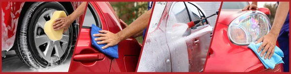 Kolaż Ludzi Czyszczących Samochody Myjni Samochodowej Zbliżenie Projekt Banera — Zdjęcie stockowe
