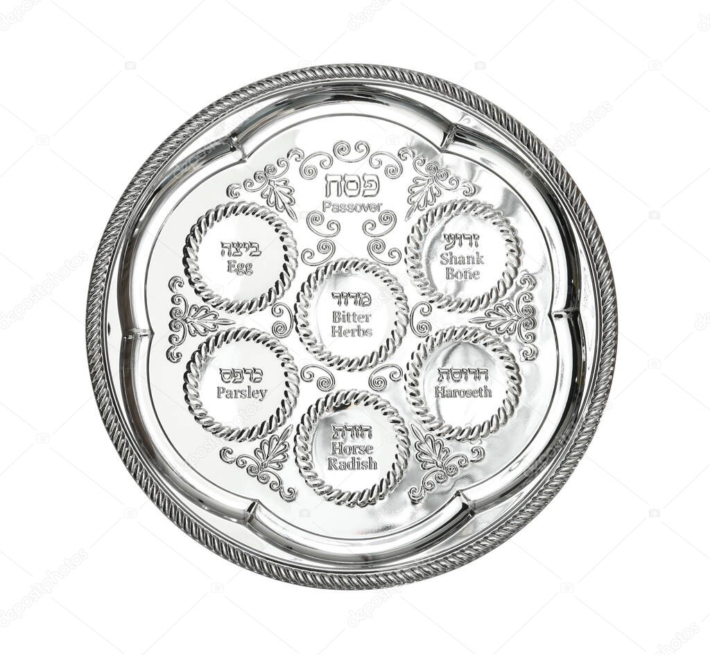 Empty Passover Seder plate (keara) isolated on white, top view. Pesah celebration