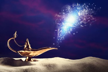 Genie appearing from magic lamp of wishes. Fairy tale  clipart