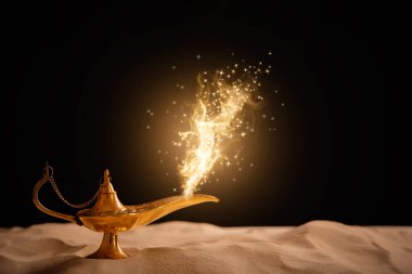 Genie appearing from magic lamp of wishes. Fairy tale clipart