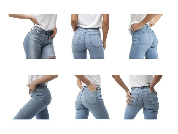 Colagem Com Mulher Vestindo Jeans Fundo Branco Close — Fotografia de Stock