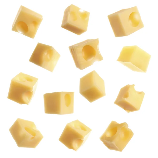 Collage Cubes Cheese Falling White Background — Stock Photo, Image