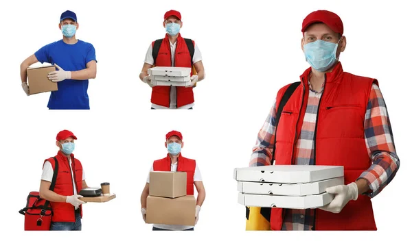 Collage Photos Courier Protective Mask Holding Orders Boxes White Background — Stock Photo, Image