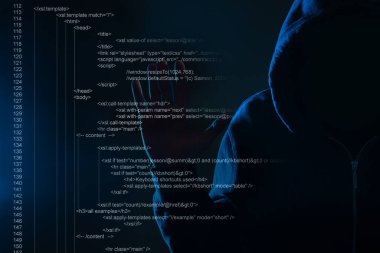 Hacker karanlıkta sanal ekranda dijital kod kullanıyor. Sanal suç kavramı