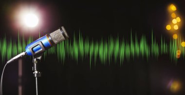 Karanlık arka planda mikrofon ve radyo dalgası, bokeh etkisi. Pankart tasarımı