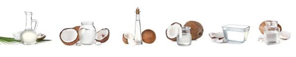 Sada Kokosů Organického Oleje Bílém Pozadí Návrh Nápisu — Stock fotografie
