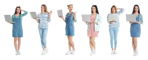 Beyaz Arka Planda Dizüstü Bilgisayarları Olan Kadınlar Kolajı Pankart Tasarımı — Stok fotoğraf