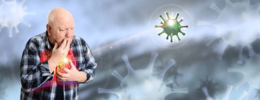 Respiratory virus affecting senior man on blurred background clipart