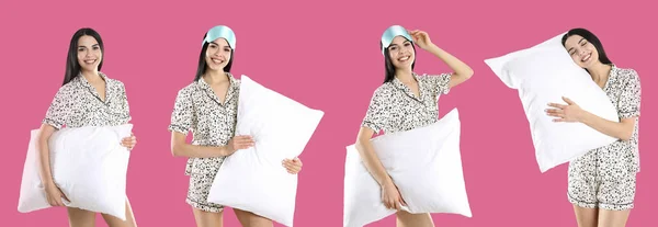 Collage Mujer Joven Pijama Con Almohada Sobre Fondo Rosa Diseño —  Fotos de Stock