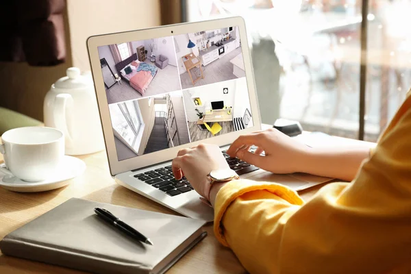 Woman Monitoring Modern Cctv Cameras Laptop Indoors Closeup Home Security — Stock Photo, Image