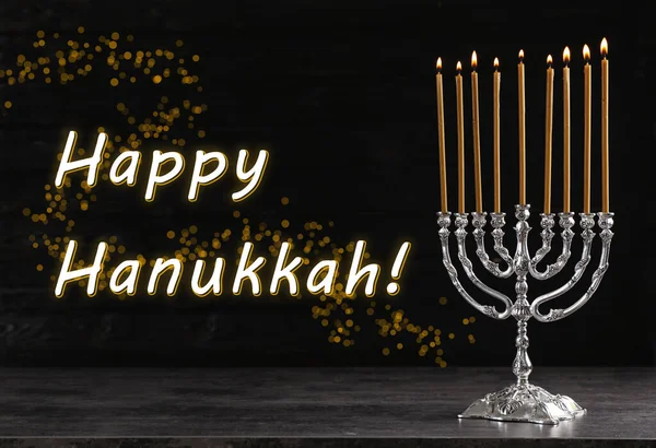 Menorah Argento Tavolo Legno Nero Felice Hanukkah — Foto Stock