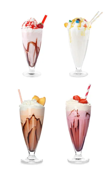 Set Gläser Mit Verschiedenen Proteinshakes Auf Weißem Hintergrund — Stockfoto