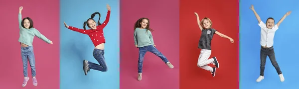 Farklı Renklerde Atlayan Duygusal Çocukların Kolajı Pankart Tasarımı — Stok fotoğraf