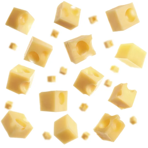 Collage Cubes Cheese Falling White Background — Stock Photo, Image