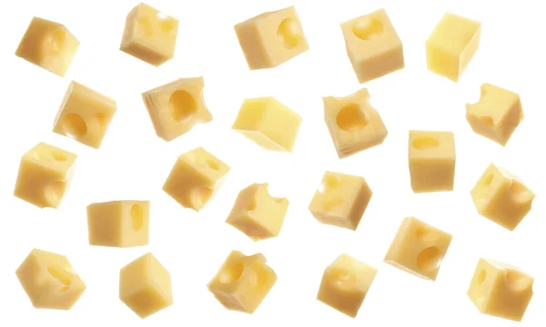 Collage Cubes Cheese Falling White Background — Stock Photo, Image