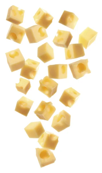 Collage Cubes Cheese Falling White Background — Stock Photo, Image