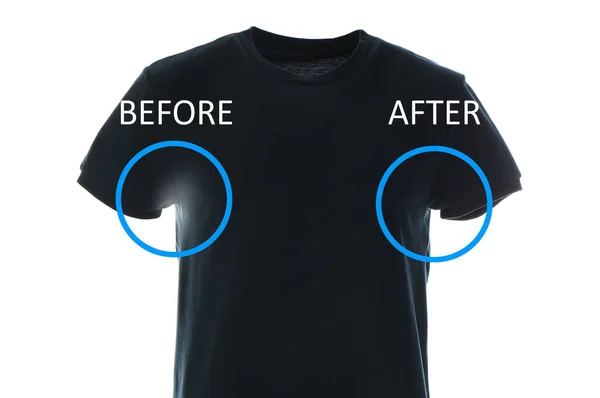 白色背景上使用除臭剂前后的黑色T恤 — 图库照片