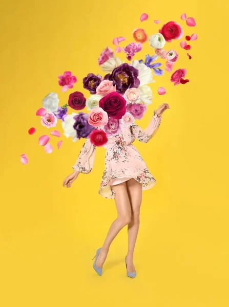 Composição Moda Criativa Primavera Dançando Menina Flores Respingo — Fotografia de Stock