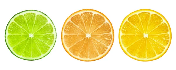 Set Van Verschillende Citrusschijfjes Witte Achtergrond Bovenaanzicht — Stockfoto