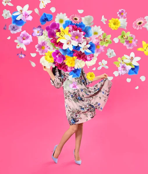 Composição Moda Criativa Primavera Dançando Menina Flores Respingo — Fotografia de Stock
