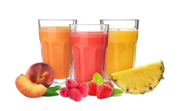 Different Delicious Smoothies Glasses White Background — Stock Photo, Image