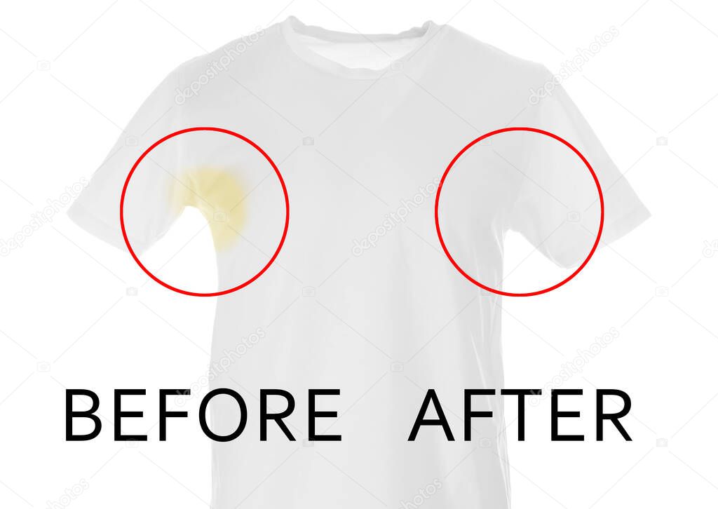 T-shirt before and after using deodorant on white background