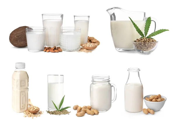 Set Met Verschillende Soorten Biologische Melk Witte Achtergrond Natuurlijke Dranken — Stockfoto