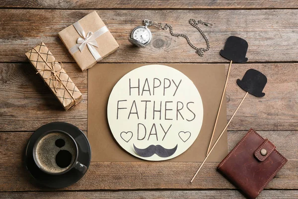 Greeting Card Phrase Happy Father Day Coffee Wallet Wooden Table — Stock Photo, Image