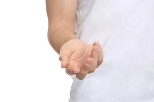 Άντρας Που Απλώνει Χέρι Του Λευκό Φόντο Κοντινό Πλάνο — Φωτογραφία Αρχείου