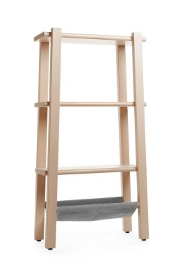 Boş ahşap raf ünitesi beyaz üzerine izole