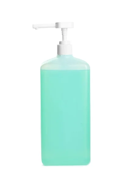 Frasco Dispensador Com Gel Séptico Verde Isolado Sobre Branco — Fotografia de Stock