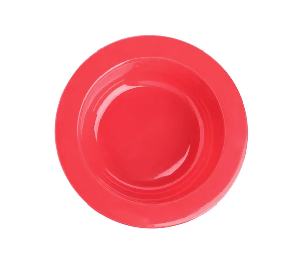 Red Plastic Baby Plate Isolated White Top View First Food — Stock Photo, Image