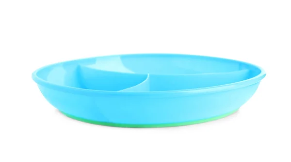 浅蓝色塑料婴儿盘 部分与白色隔离 第一道菜 — 图库照片