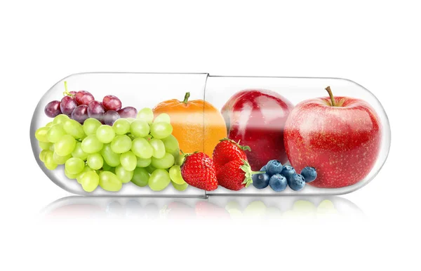 Cápsula Transparente Com Diferentes Frutas Bagas Ricas Vitaminas Fundo Branco — Fotografia de Stock