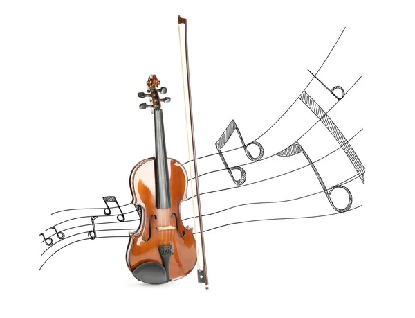 白を基調とした弓と音楽のノートを持つクラシックバイオリン — ストック写真
