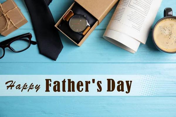 Platte Lay Compositie Met Mannelijke Accessoires Zin Happy Father Day — Stockfoto