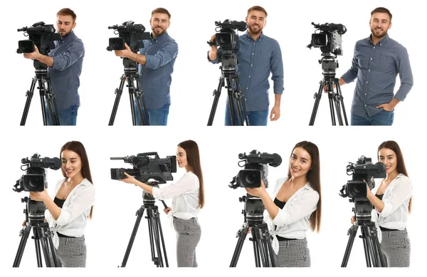 Collage Von Bedienern Mit Professionellen Videokameras Auf Weißem Hintergrund Bannerdesign — Stockfoto