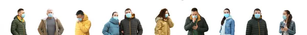 Collage People Wearing Medical Face Masks White Background Banner Design — Stock Photo, Image