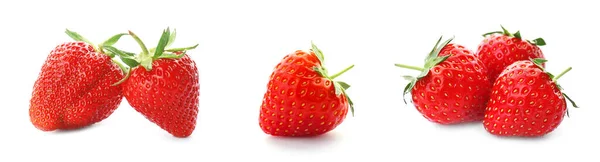 Set Delicious Sweet Strawberries White Background Banner Design — Stock Photo, Image